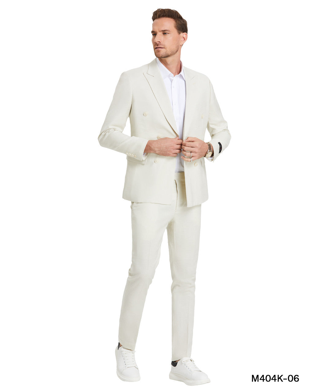 Ivory Linen Double Breasted Peak Lapel 2 Piece Skinny Fit Sean Alexander Men's Suit