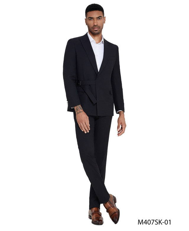 Black Peak Lapel With Belt In Jacket  2 Piece Skinny Fit Tazzio Men's Suit