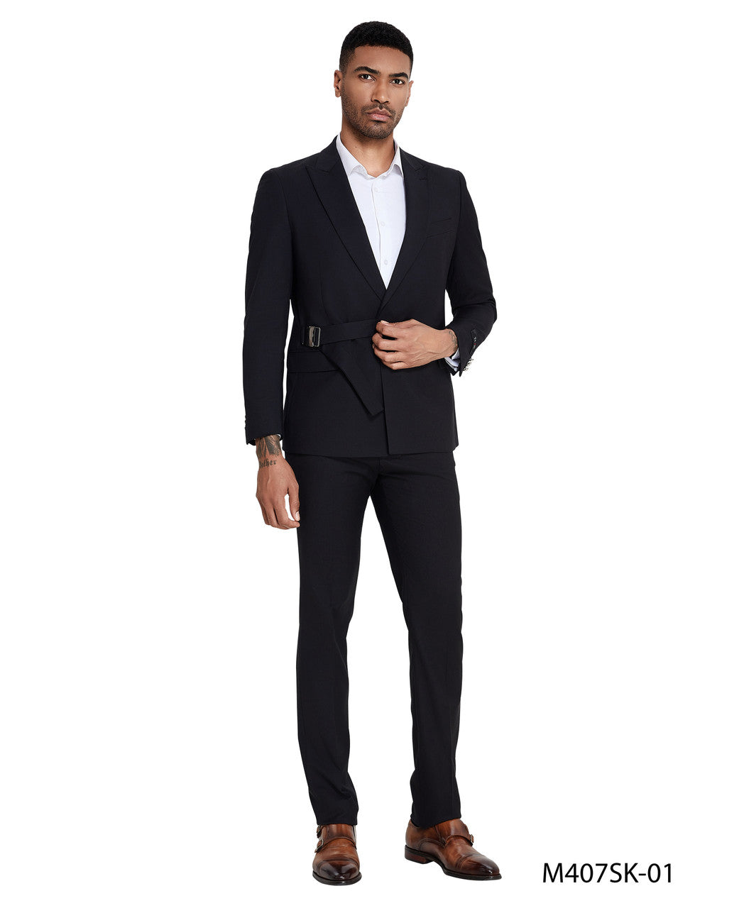 Black Peak Lapel With Belt In Jacket  2 Piece Skinny Fit Tazzio Men's Suit