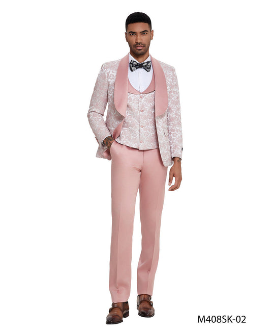 Pink Paisley Wide Shawl Lapel 3 Piece Skinny Fit Tazzio Men's Suit