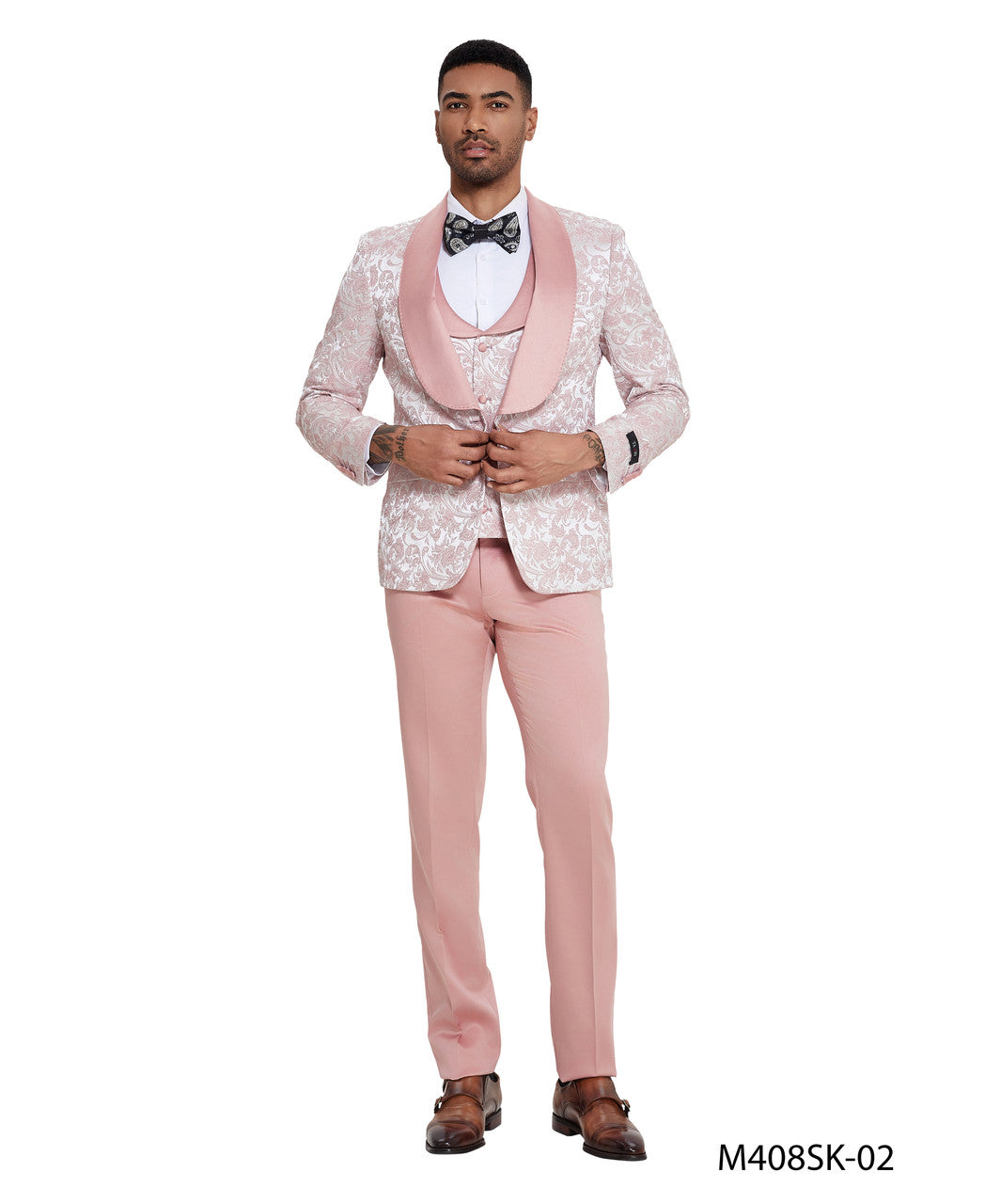 Pink Paisley Wide Shawl Lapel 3 Piece Skinny Fit Tazzio Men's Suit