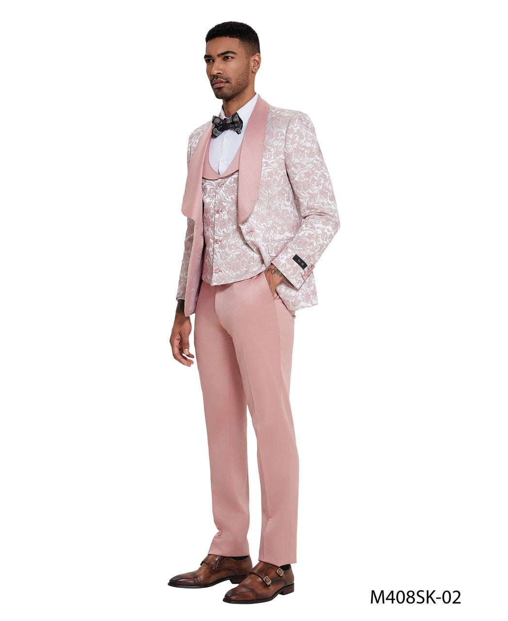 Pink Paisley Wide Shawl Lapel 3 Piece Skinny Fit Tazzio Men's Suit