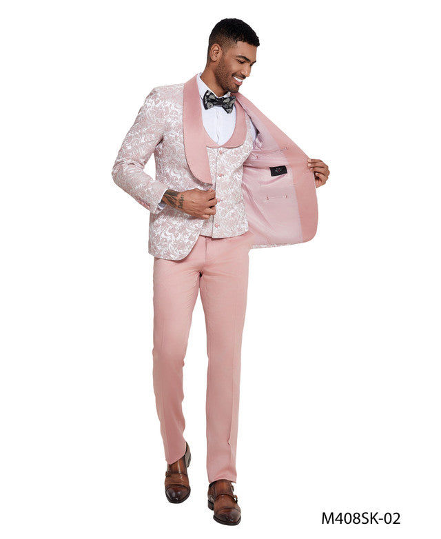 Pink Paisley Wide Shawl Lapel 3 Piece Skinny Fit Tazzio Men's Suit