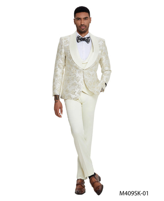 Ivory/Gold Floral Wide Shawl Lapel 3 Piece Skinny Fit Tazzio Men's Suit With Matching Bow Tie