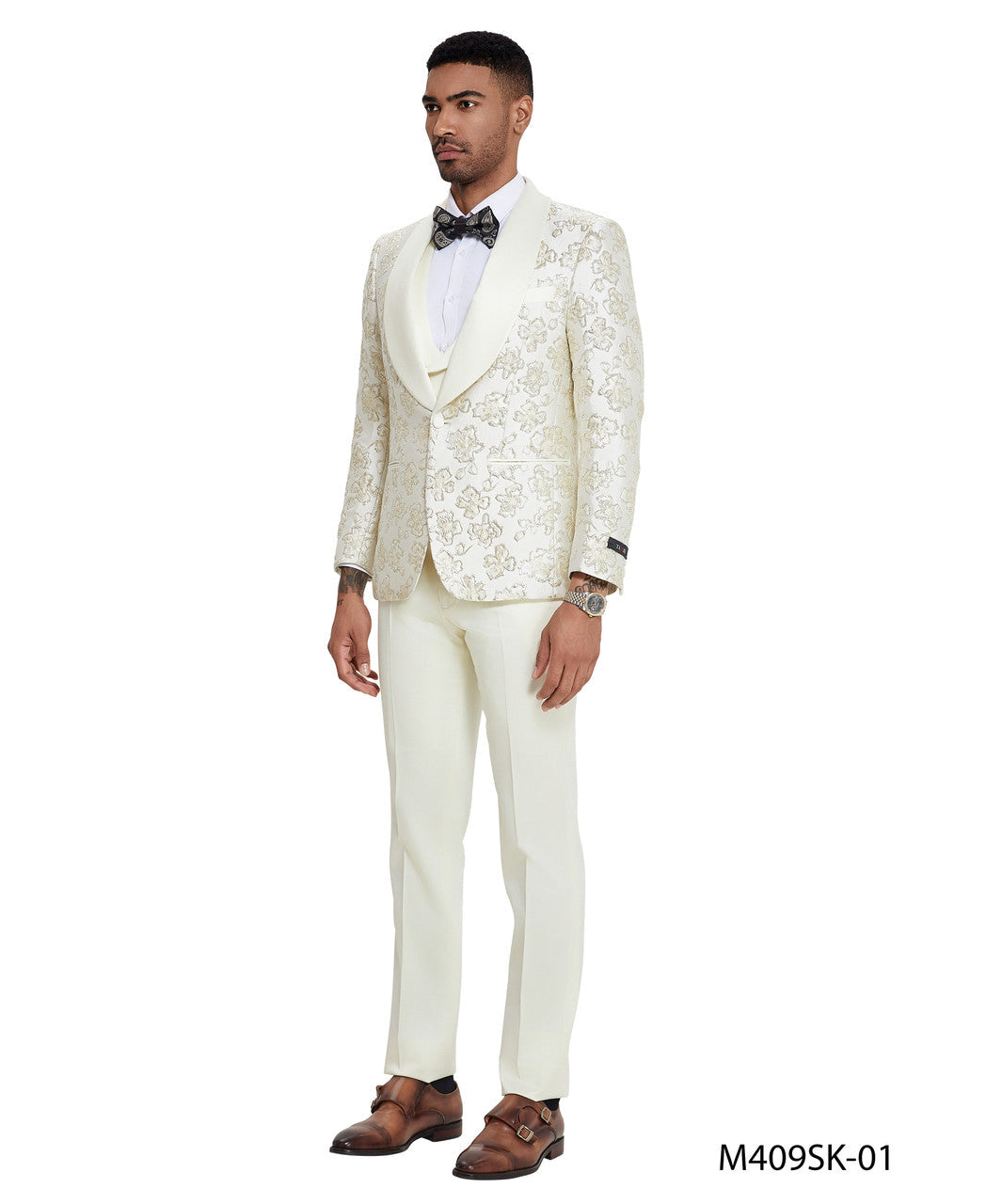 Ivory/Gold Floral Wide Shawl Lapel 3 Piece Skinny Fit Tazzio Men's Suit With Matching Bow Tie