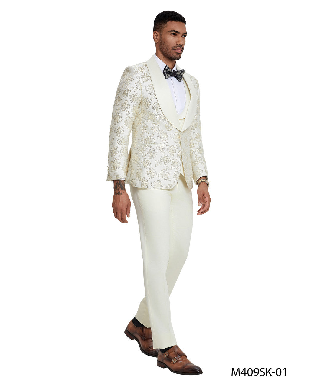 Ivory/Gold Floral Wide Shawl Lapel 3 Piece Skinny Fit Tazzio Men's Suit With Matching Bow Tie