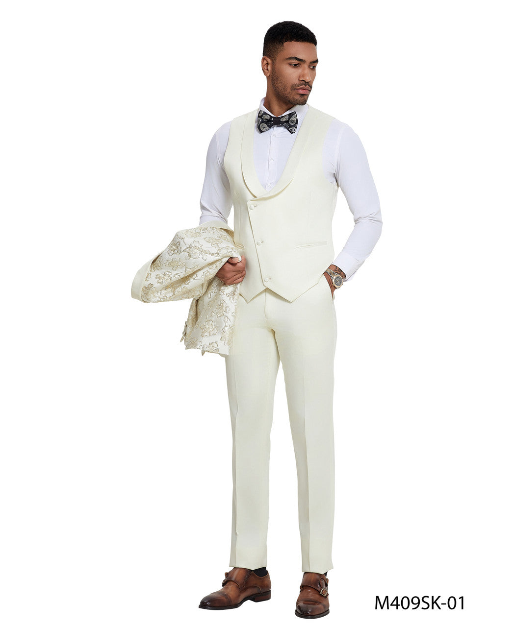 Ivory/Gold Floral Wide Shawl Lapel 3 Piece Skinny Fit Tazzio Men's Suit With Matching Bow Tie