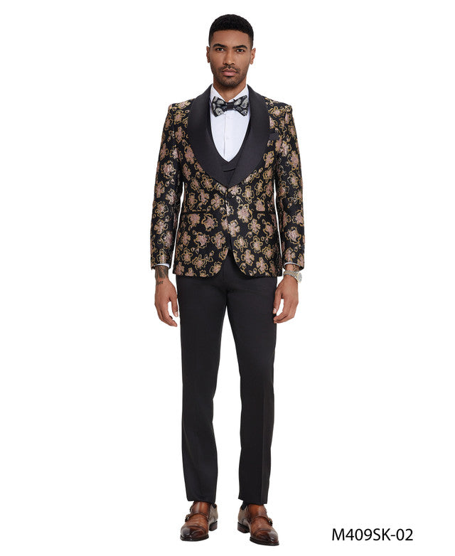 Black/Gold Floral Wide Shawl Lapel 3 Piece Skinny Fit Tazzio Men's Suit With Matching Bow Tie