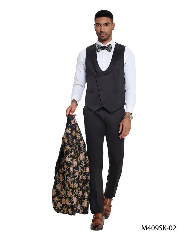 Black/Gold Floral Wide Shawl Lapel 3 Piece Skinny Fit Tazzio Men's Suit With Matching Bow Tie