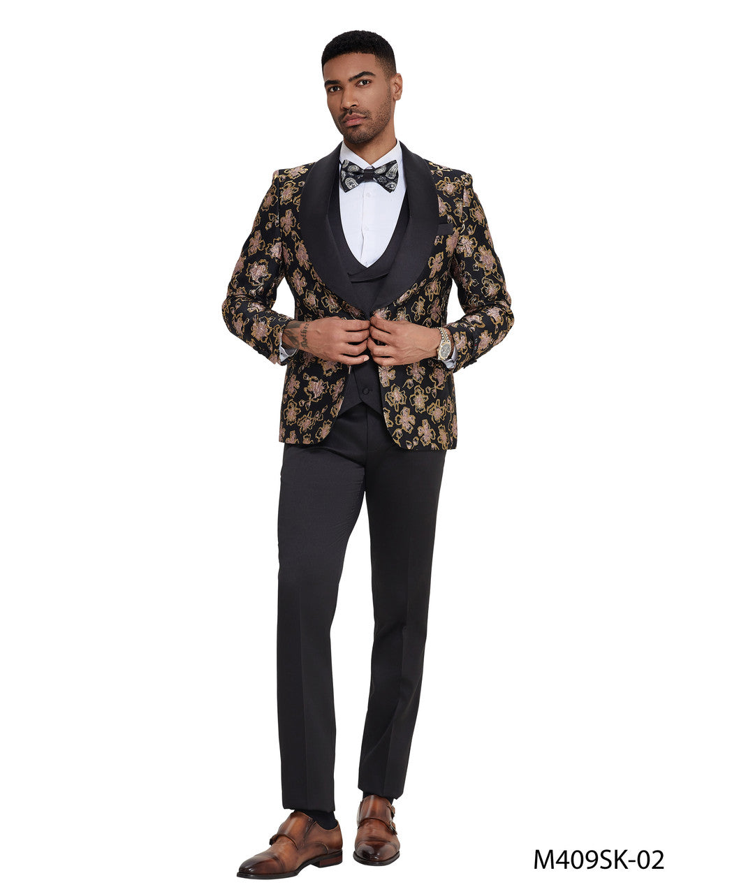 Black/Gold Floral Wide Shawl Lapel 3 Piece Skinny Fit Tazzio Men's Suit With Matching Bow Tie