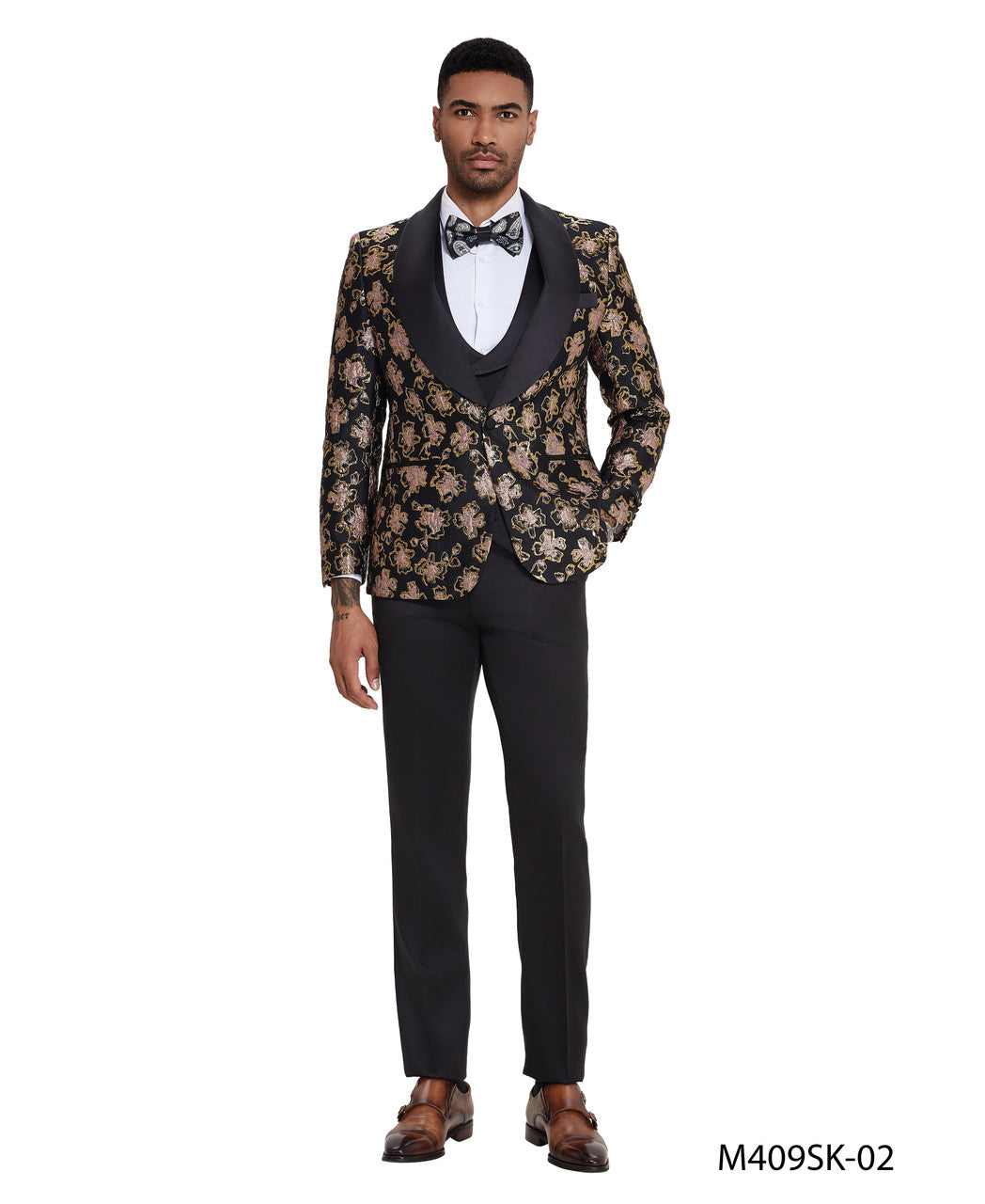 Black/Gold Floral Wide Shawl Lapel 3 Piece Skinny Fit Tazzio Men's Suit With Matching Bow Tie