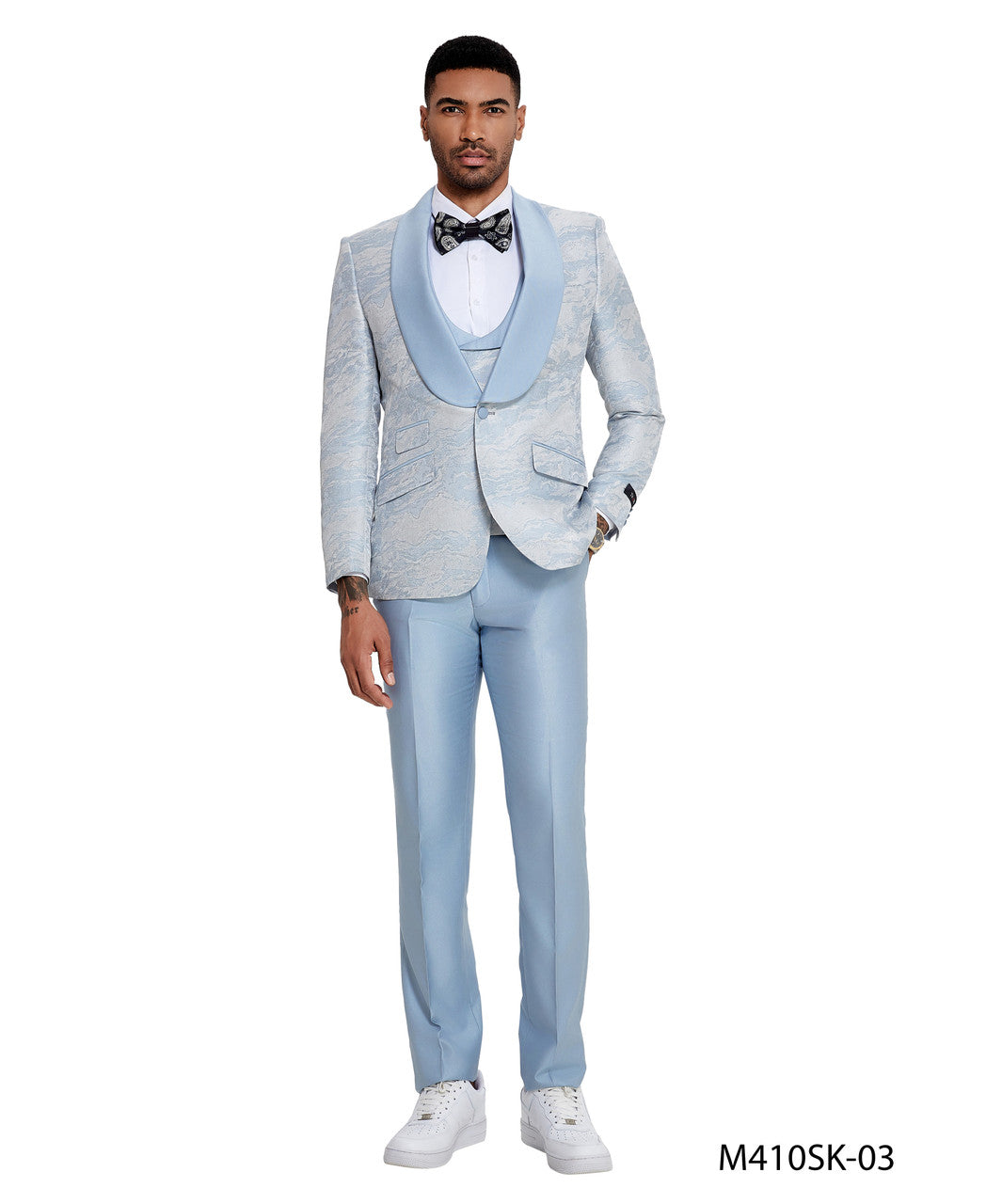 Sky Blue Paisley Wide Shawl Lapel 3 Piece Skinny Fit Tazzio Men's Suit With Matching Bow Tie