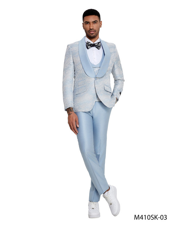 Sky Blue Paisley Wide Shawl Lapel 3 Piece Skinny Fit Tazzio Men's Suit With Matching Bow Tie