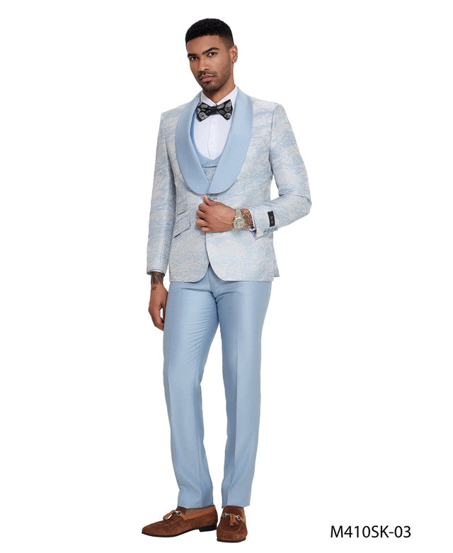 Sky Blue Paisley Wide Shawl Lapel 3 Piece Skinny Fit Tazzio Men's Suit With Matching Bow Tie