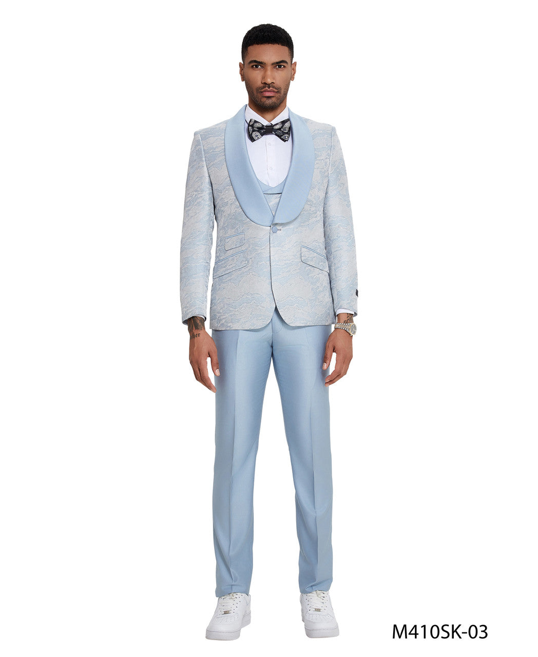 Sky Blue Paisley Wide Shawl Lapel 3 Piece Skinny Fit Tazzio Men's Suit With Matching Bow Tie