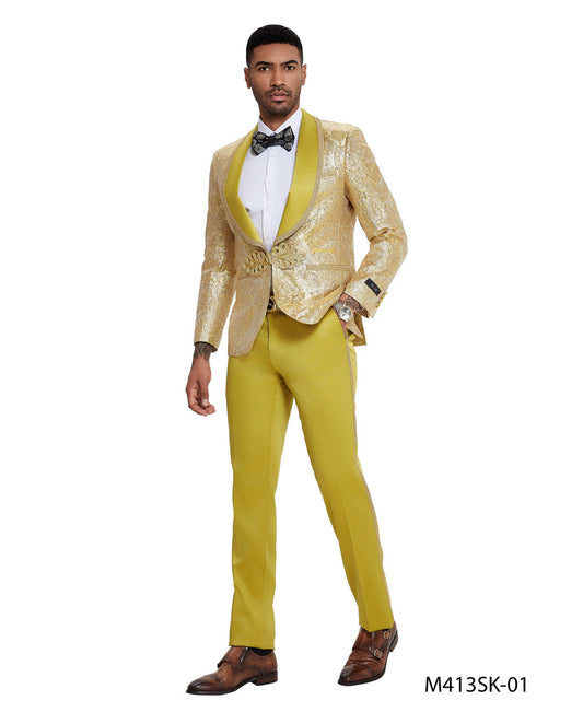 Gold Paisley Wide Shawl Lapel Clasp Closure 2 Piece Skinny Fit Tazzio Men's Suit With Matching Bow Tie