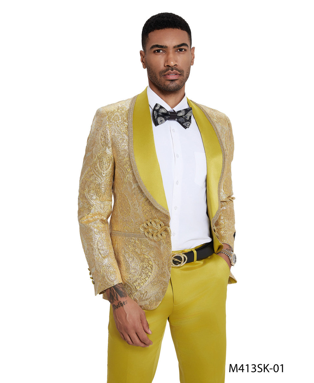 Gold Paisley Wide Shawl Lapel Clasp Closure 2 Piece Skinny Fit Tazzio Men's Suit With Matching Bow Tie