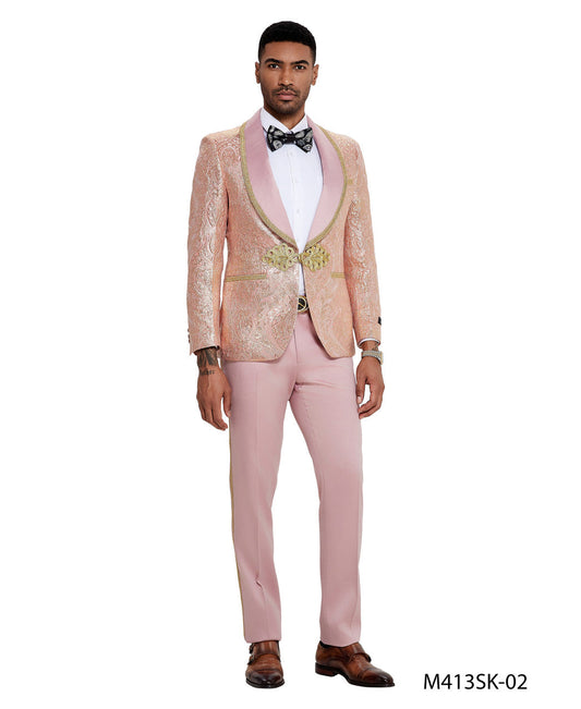 Pink Paisley Wide Shawl Lapel Clasp Closure 2 Piece Skinny Fit Tazzio Men's Suit With Matching Bow Tie