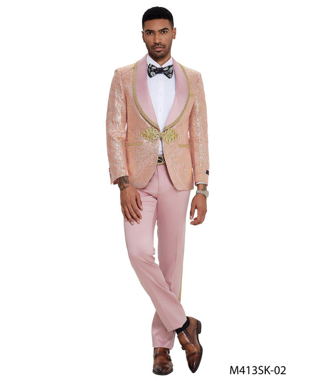 Pink Paisley Wide Shawl Lapel Clasp Closure 2 Piece Skinny Fit Tazzio Men's Suit With Matching Bow Tie