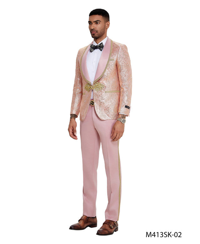 Pink Paisley Wide Shawl Lapel Clasp Closure 2 Piece Skinny Fit Tazzio Men's Suit With Matching Bow Tie