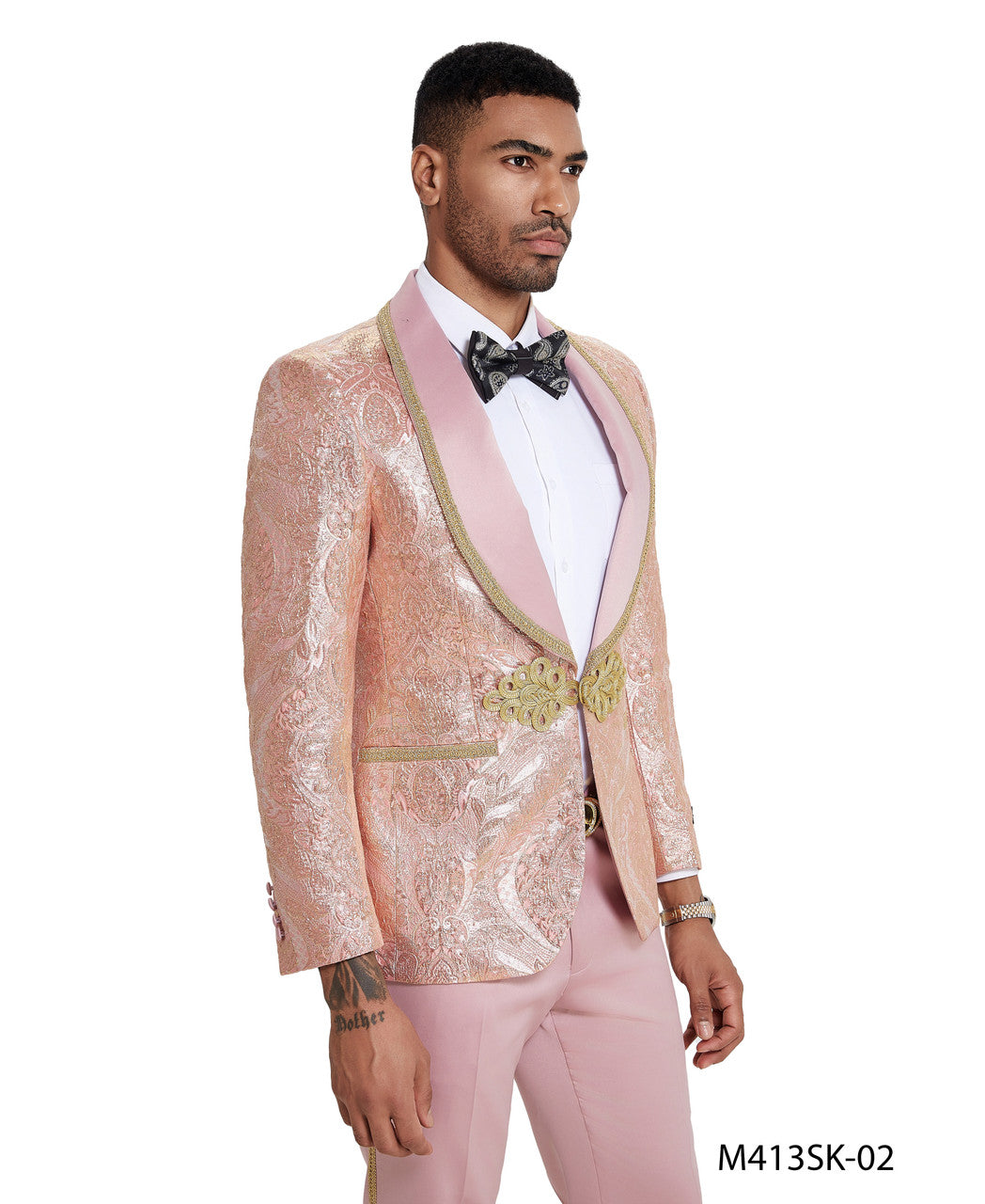 Pink Paisley Wide Shawl Lapel Clasp Closure 2 Piece Skinny Fit Tazzio Men's Suit With Matching Bow Tie