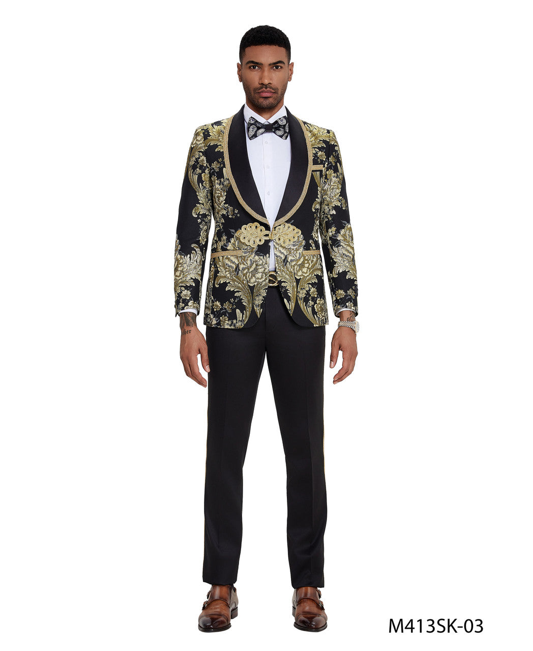 Black Paisley Wide Shawl Lapel Clasp Closure 2 Piece Skinny Fit Tazzio Men's Suit With Matching Bow Tie