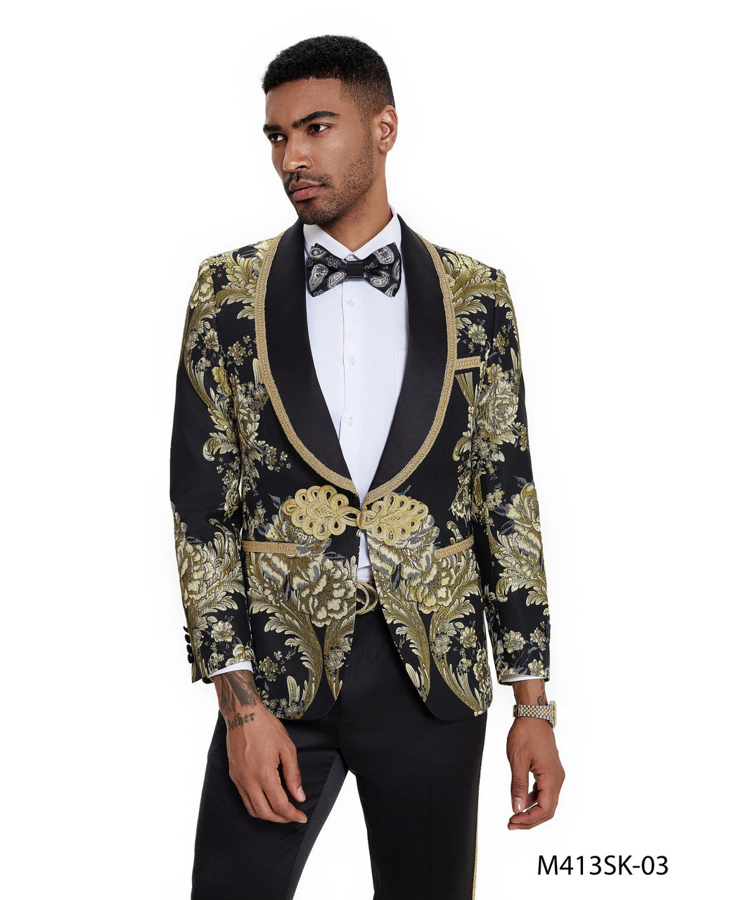 Black Paisley Wide Shawl Lapel Clasp Closure 2 Piece Skinny Fit Tazzio Men's Suit With Matching Bow Tie