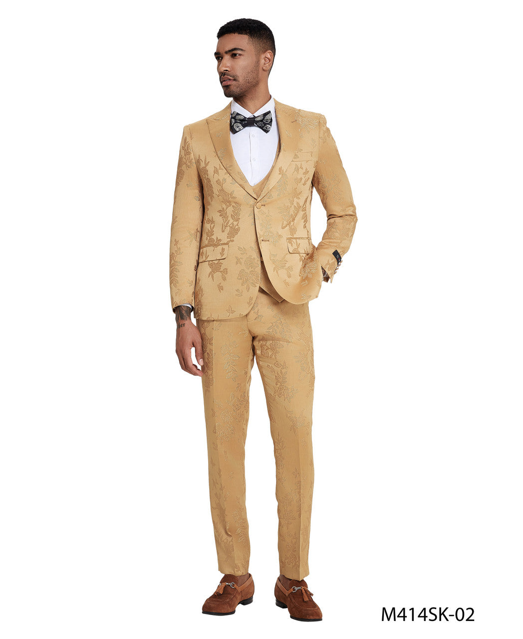 Gold Floral Wide Peak Lapel 3 Piece Double Breasted Vest Skinny Fit Tazzio Men's Suit With Matching Bow Tie