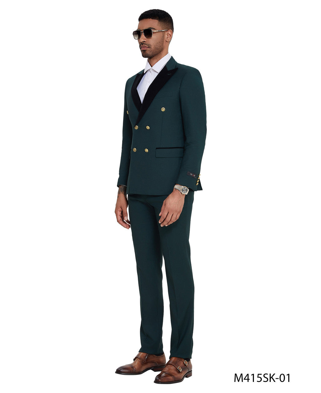 Green Double Breasted Velvet Peak Lapel 2 Piece Gold Buttons