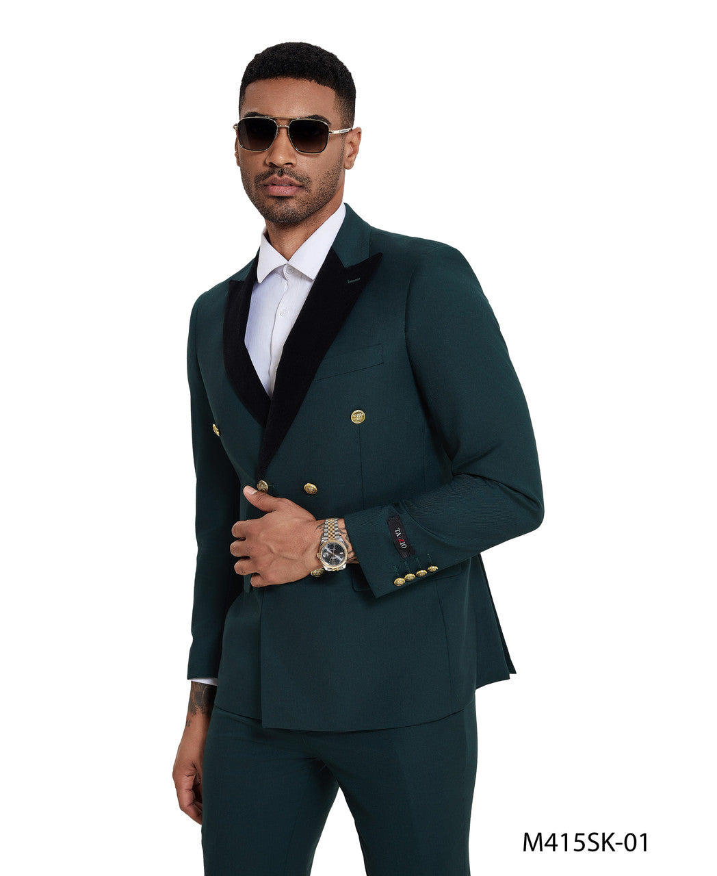 Green Double Breasted Velvet Peak Lapel 2 Piece Gold Buttons Skinny Fit Tazzio Men's Suit