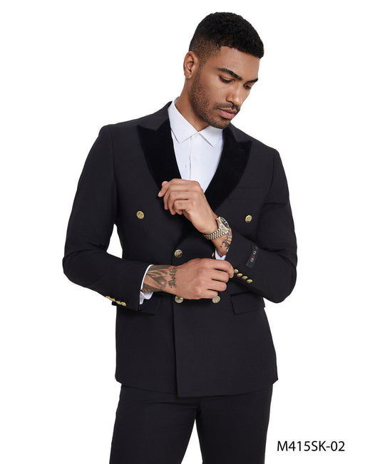 Black Double Breasted Velvet Peak Lapel 2 Piece Gold Buttons Skinny Fit Tazzio Men's Suit