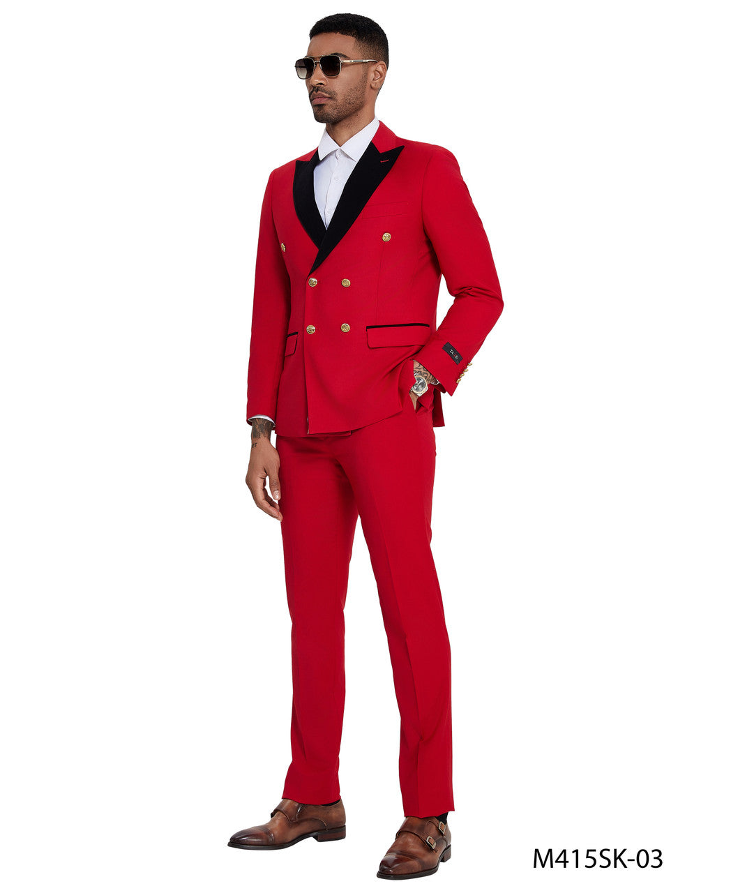 Red Double Breasted Velvet Peak Lapel 2 Piece Gold Buttons Skinny Fit Tazzio Men's Suit