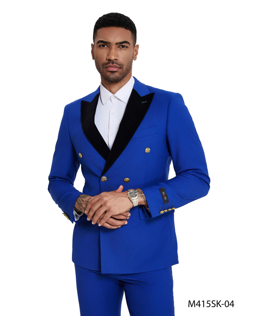 Royal Double Breasted Velvet Peak Lapel 2 Piece Gold Buttons Skinny Fit Tazzio Men's Suit