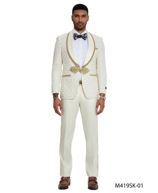 Ivory/Gold Swirl Textured Wide Shawl Lapel 2 Piece Clasp Closure Skinny Fit Tazzio Men's Suit