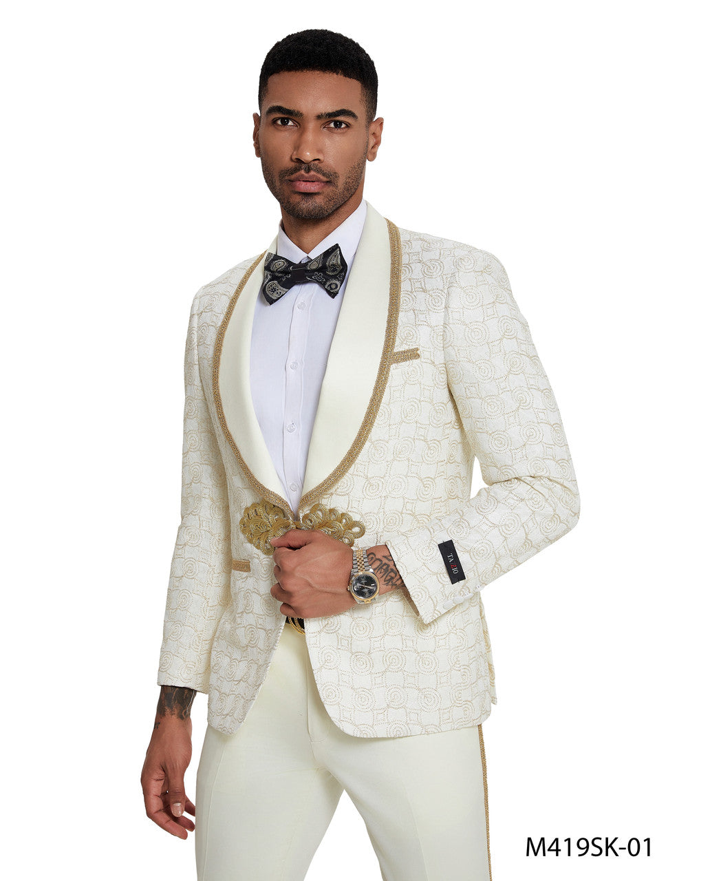 Ivory/Gold Swirl Textured Wide Shawl Lapel 2 Piece Clasp Closure Skinny Fit Tazzio Men's Suit