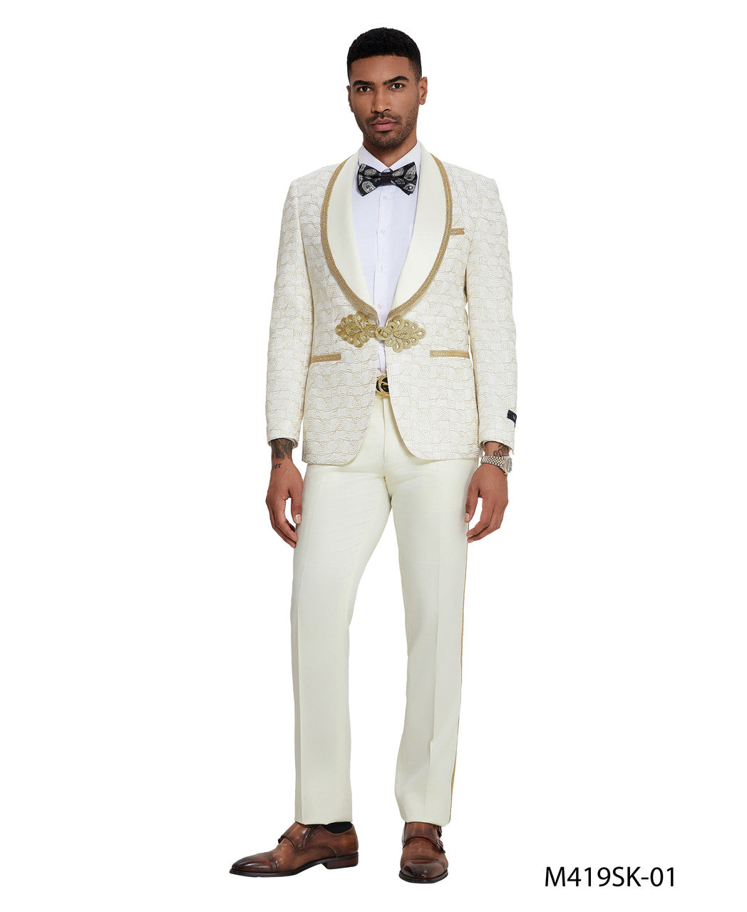 Ivory/Gold Swirl Textured Wide Shawl Lapel 2 Piece Clasp Closure Skinny Fit Tazzio Men's Suit