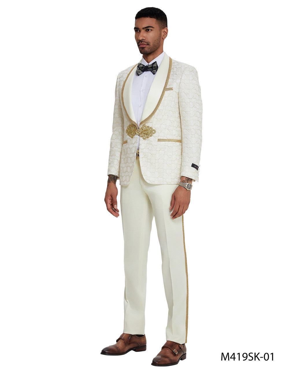 Ivory/Gold Swirl Textured Wide Shawl Lapel 2 Piece Clasp Closure Skinny Fit Tazzio Men's Suit