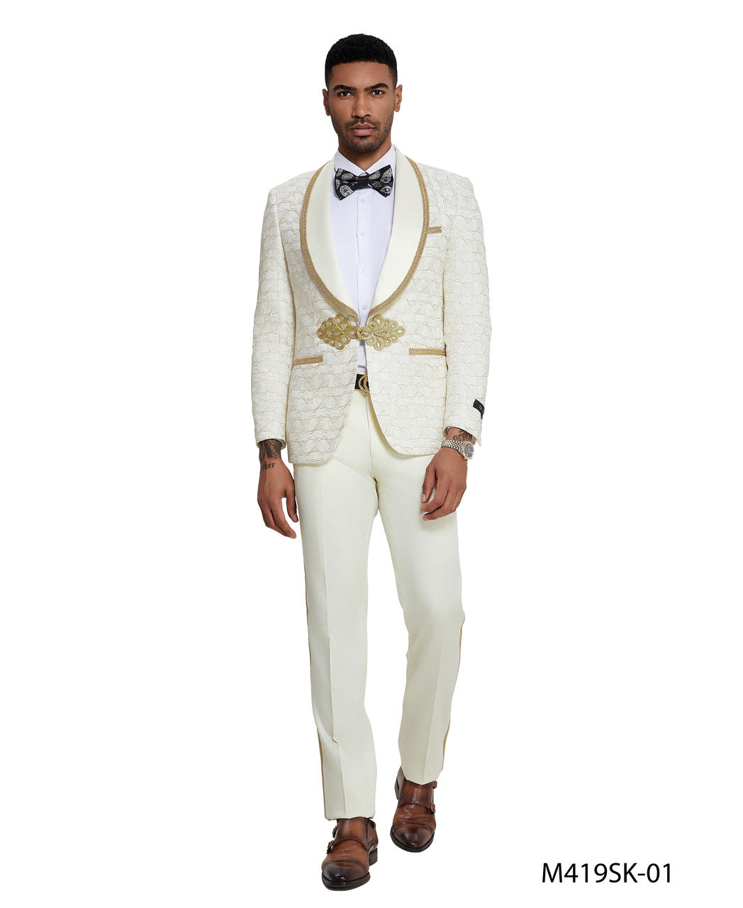 Ivory/Gold Swirl Textured Wide Shawl Lapel 2 Piece Clasp Closure Skinny Fit Tazzio Men's Suit