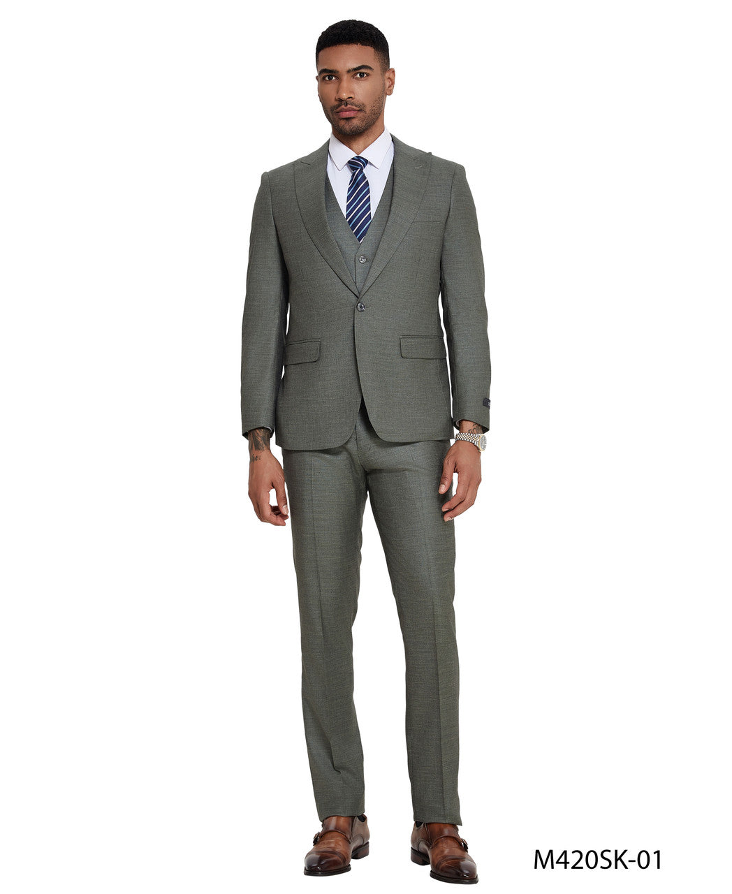 Sage Sharkskin Wide Peak Lapel 3 Piece Skinny Fit Tazzio Men's Suit