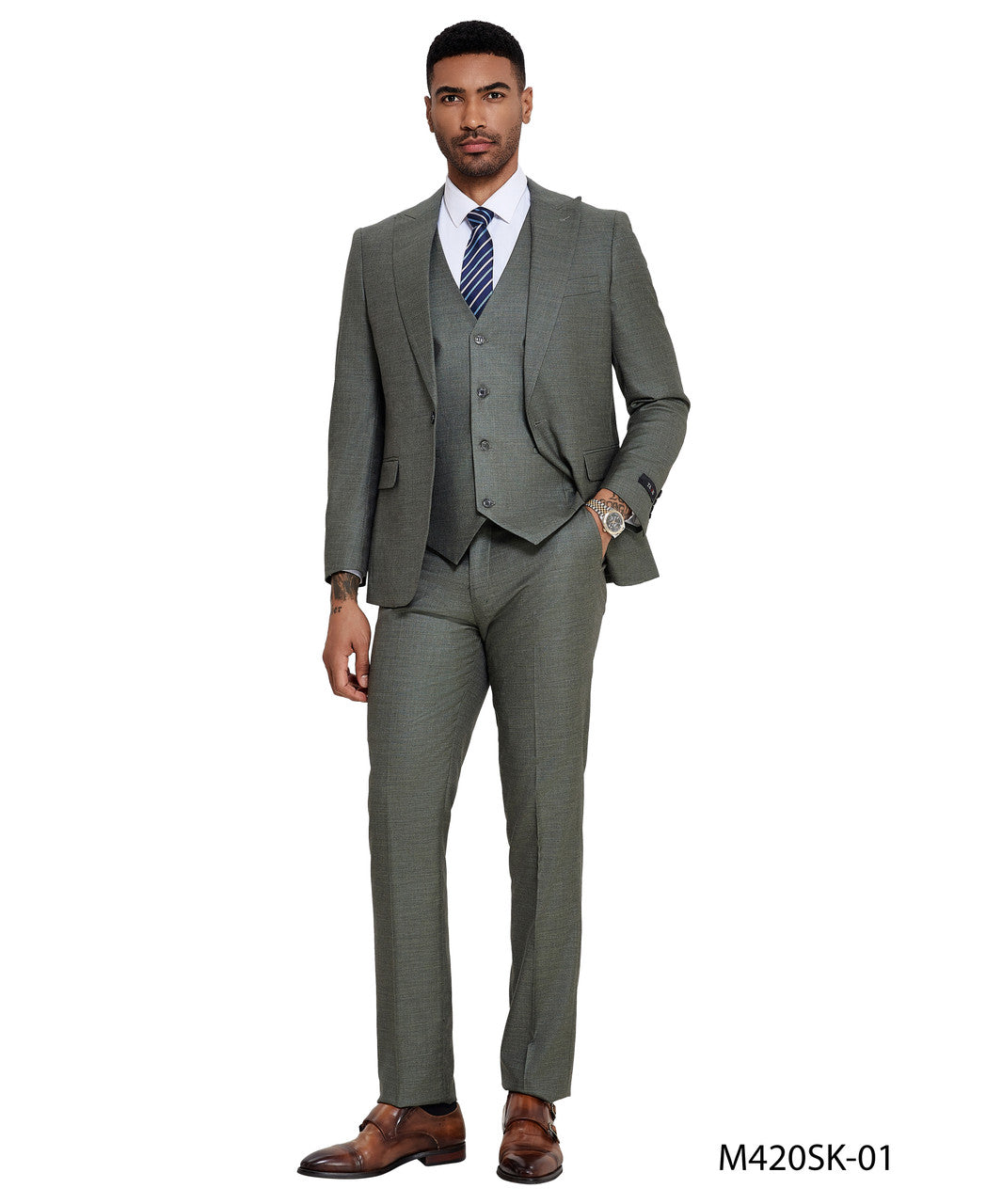 Sage Sharkskin Wide Peak Lapel 3 Piece Skinny Fit Tazzio Men's Suit