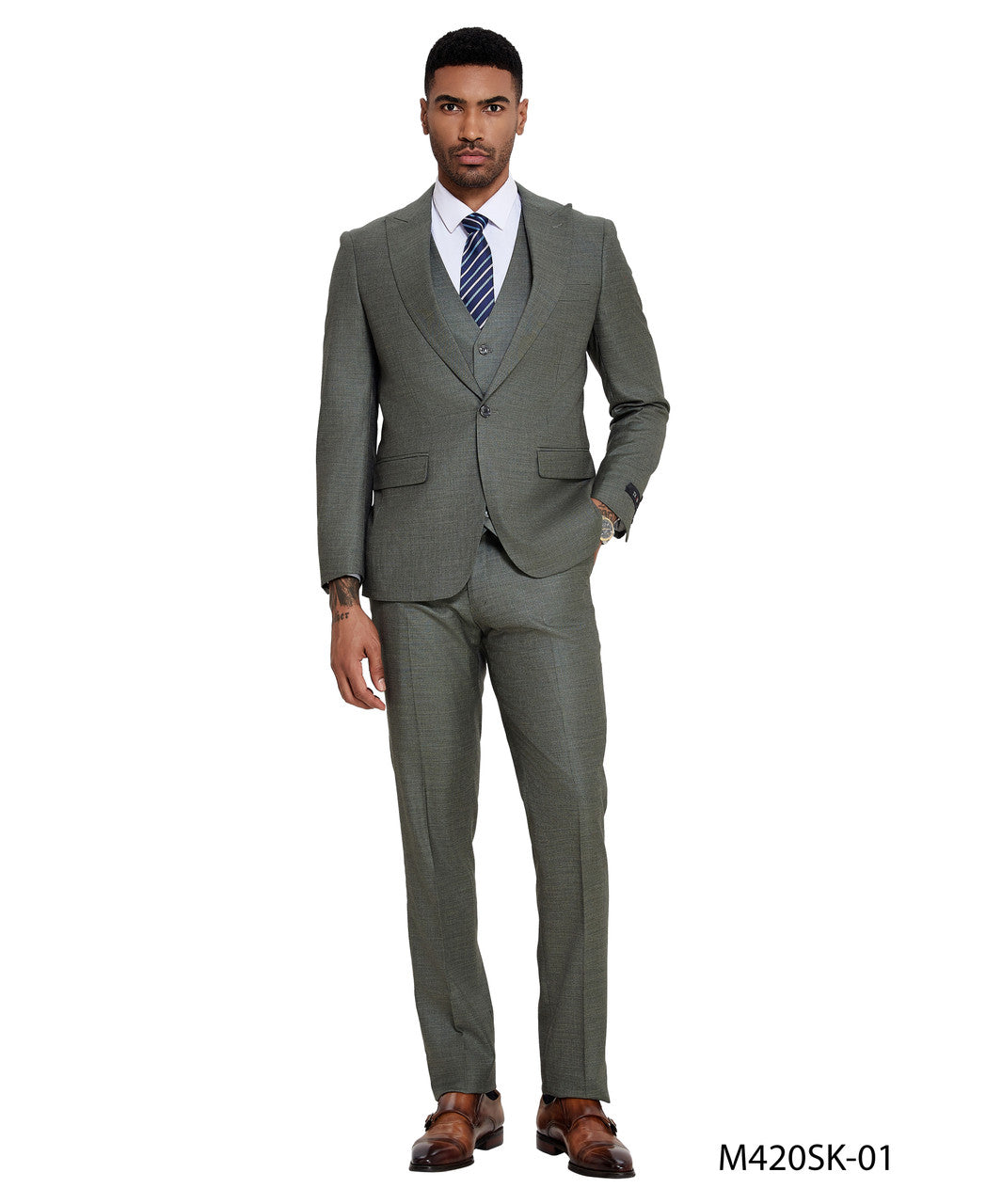 Sage Sharkskin Wide Peak Lapel 3 Piece Skinny Fit Tazzio Men's Suit