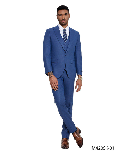 Blue Sharkskin Wide Peak Lapel 3 Piece Skinny Fit Tazzio Men's Suit