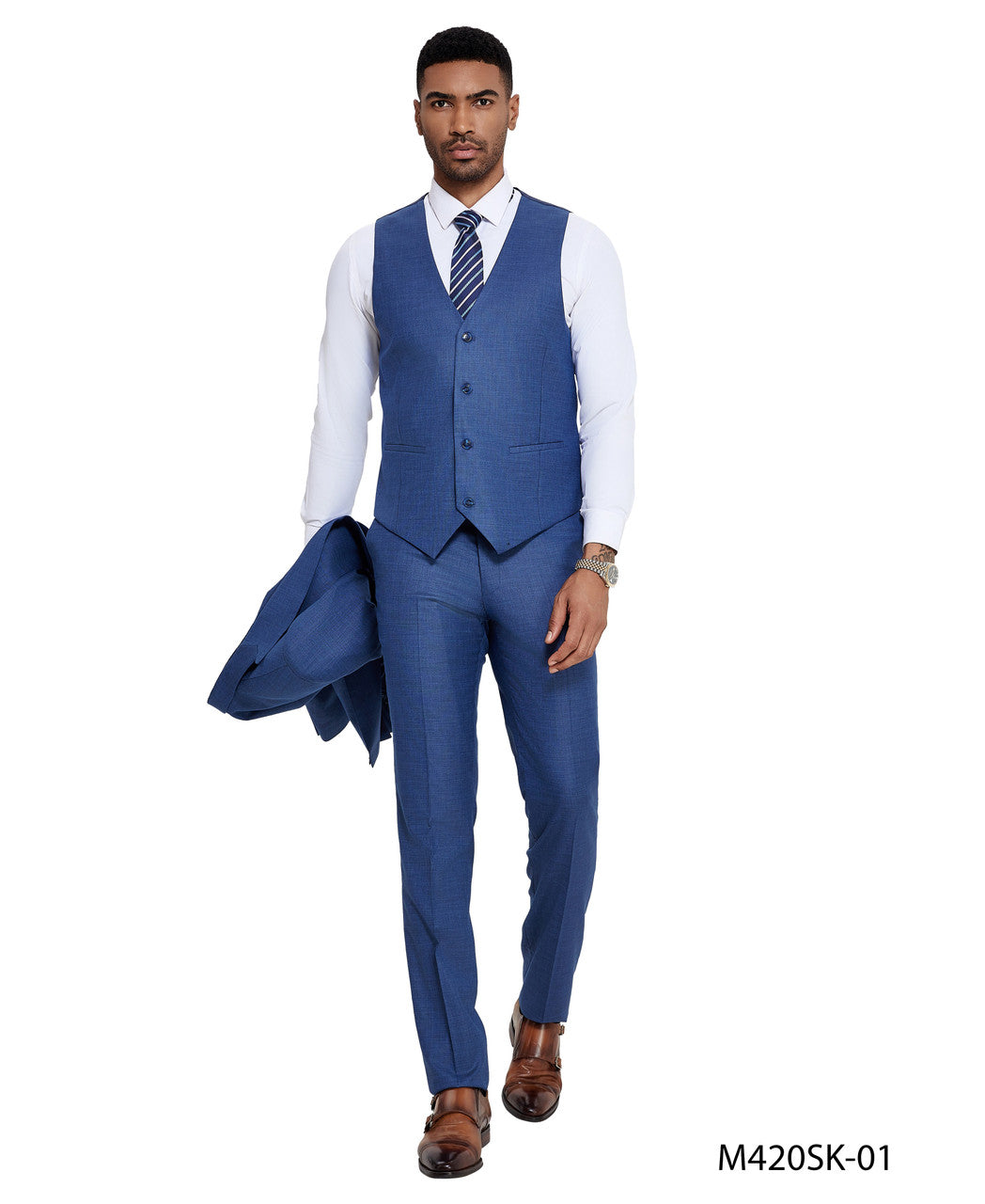 Blue Sharkskin Wide Peak Lapel 3 Piece Skinny Fit Tazzio Men's Suit