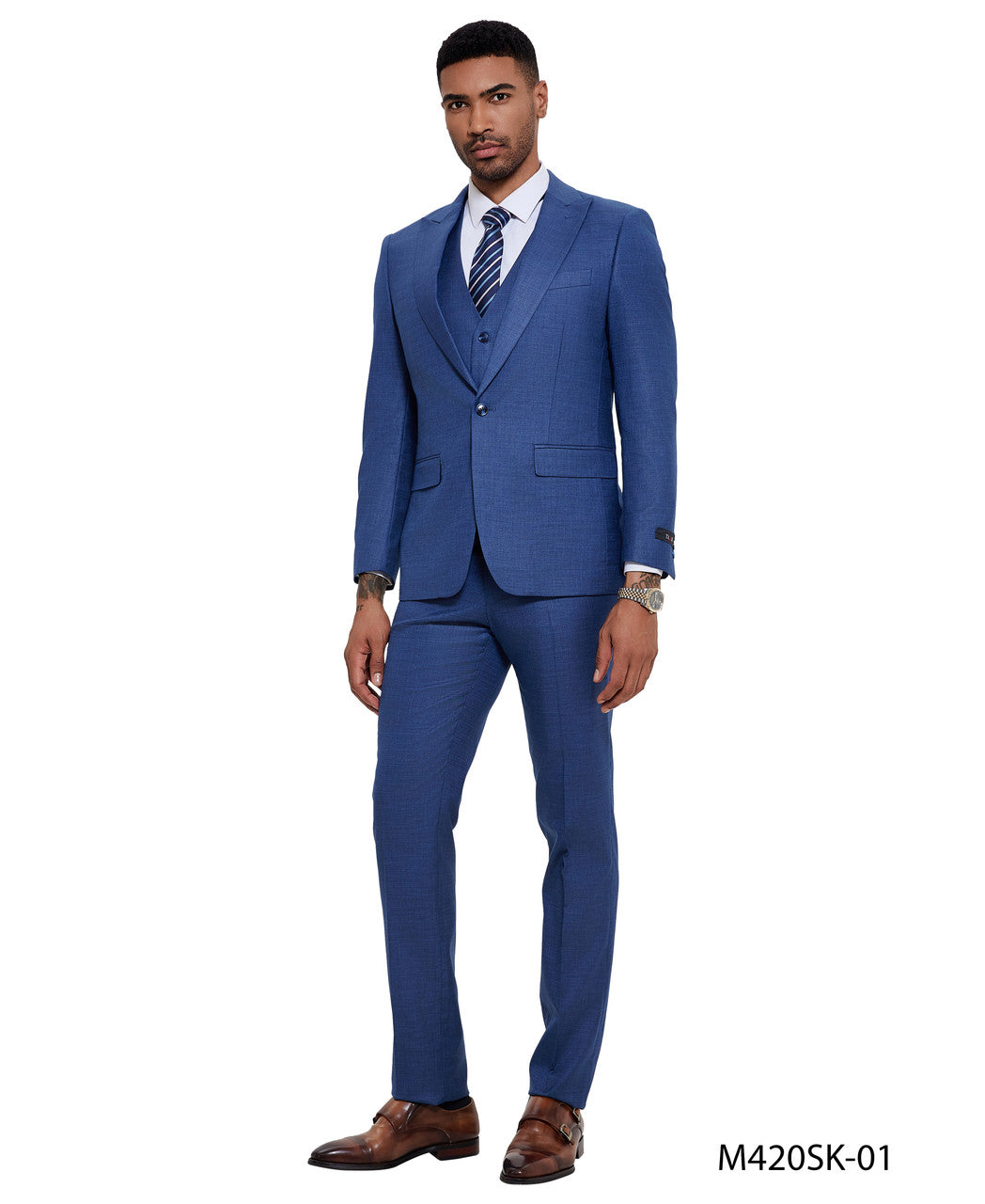 Blue Sharkskin Wide Peak Lapel 3 Piece Skinny Fit Tazzio Men's Suit