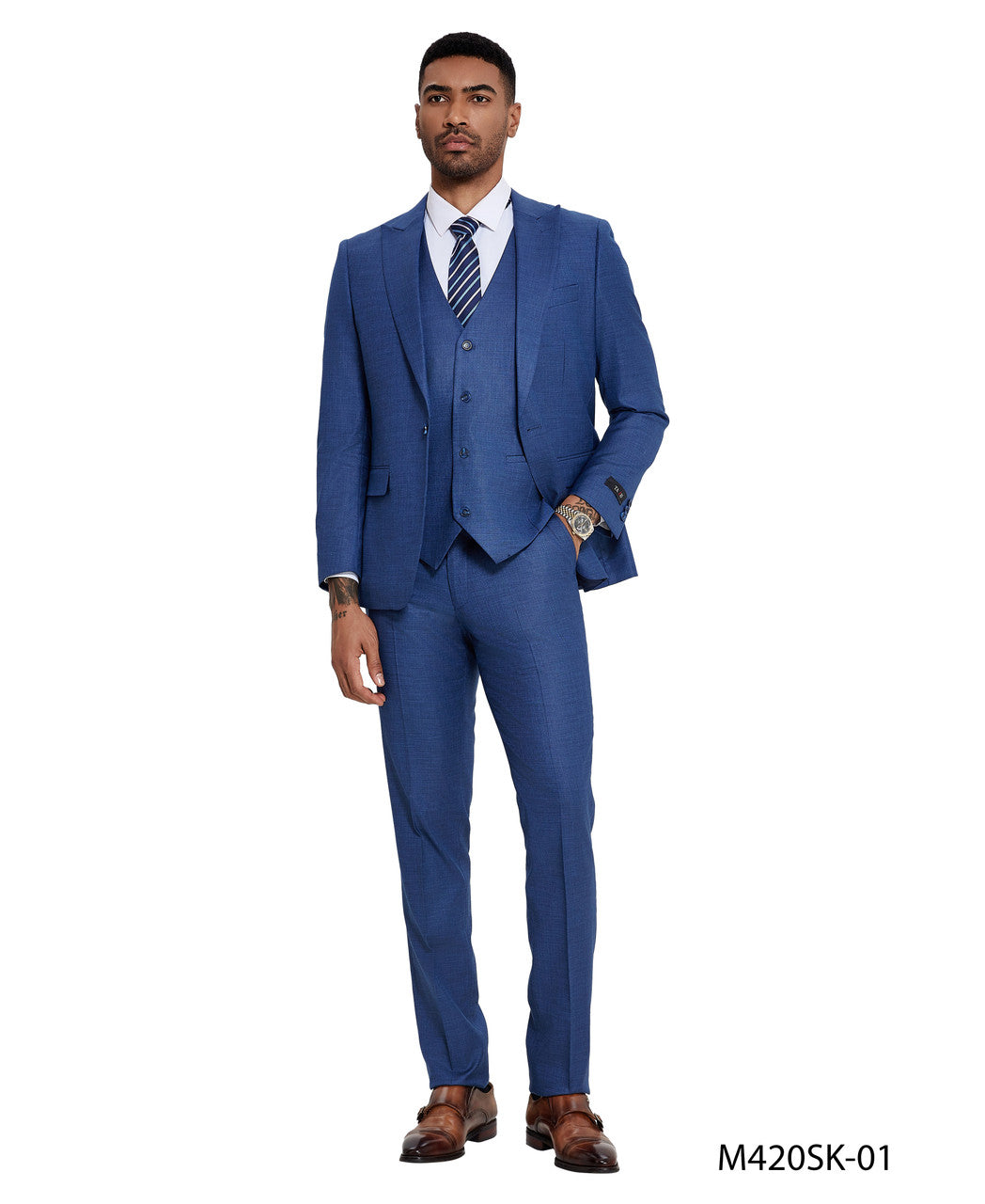 Blue Sharkskin Wide Peak Lapel 3 Piece Skinny Fit Tazzio Men's Suit