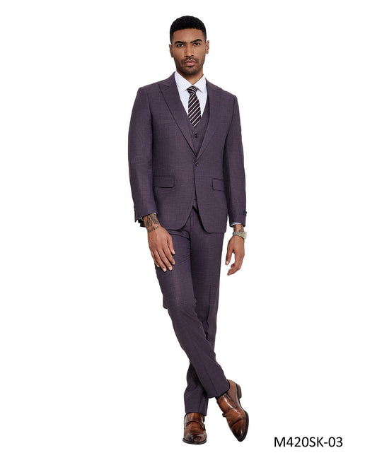 Maroon Sharkskin Wide Peak Lapel 3 Piece Skinny Fit Tazzio Men's Suit