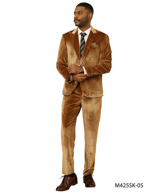 Gold Velvet Peak Lapel 2 Piece Skinny Fit Tazzio Men's Suit