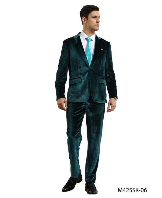 Teal Velvet Peak Lapel 2 Piece Skinny Fit Tazzio Men's Suit