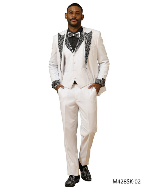 White Stoned Peak Lapel 3 Piece Skinny Fit Men's Suit W/ Matching Bowtie
