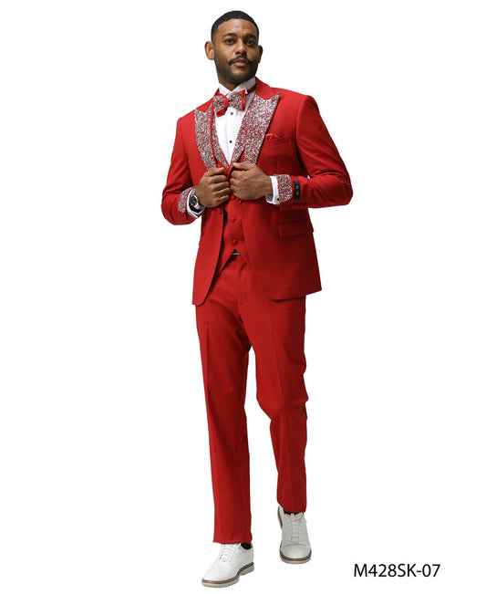 Red Stoned Peak Lapel 3 Piece Skinny Fit Men's Suit W/ Matching Bowtie